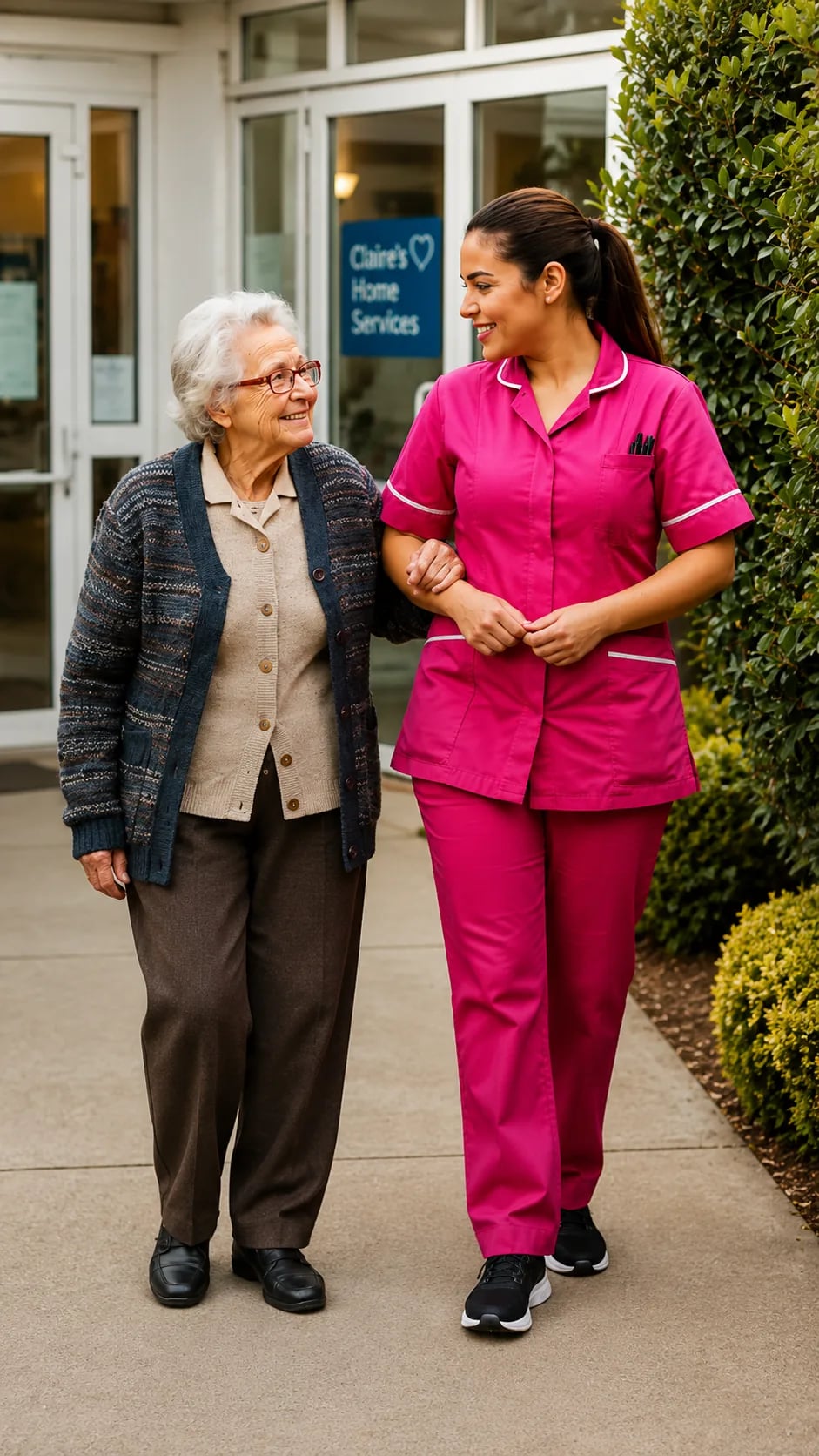 A Clair's caregiver walking arm in arm with an elderly woman leaving a clinic entrance