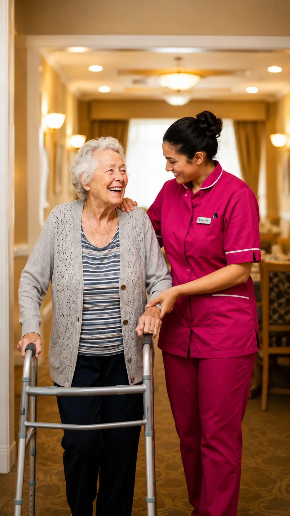A Clair's caregiver laughing with an elderly woman as she walks with a wheeled frame