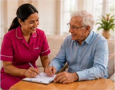 A Clair's nurse taking notes with an elderly client at his dining table