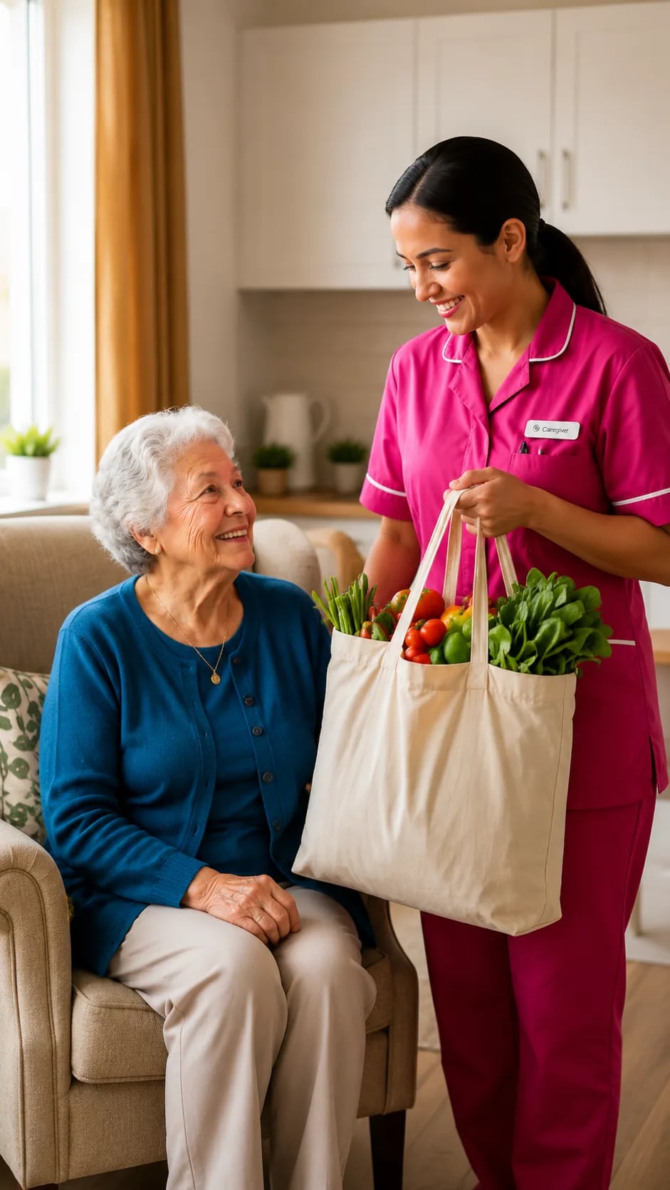 A Clair's caregiver carrying a bag of fresh groceries into a kitchen while an elderly client smiles from her armchair