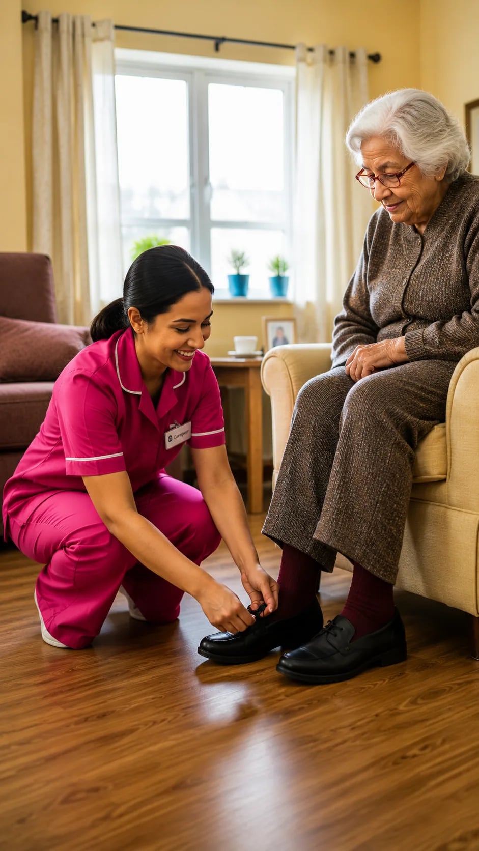 A Clair's caregiver in a pink uniform kneeling to help an elderly client with her shoes in a bright living room