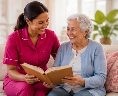 A Clair's caregiver reading a book with an elderly woman on the sofa