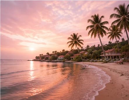 A pink sunset over a Cayman Islands beach lined with palm trees