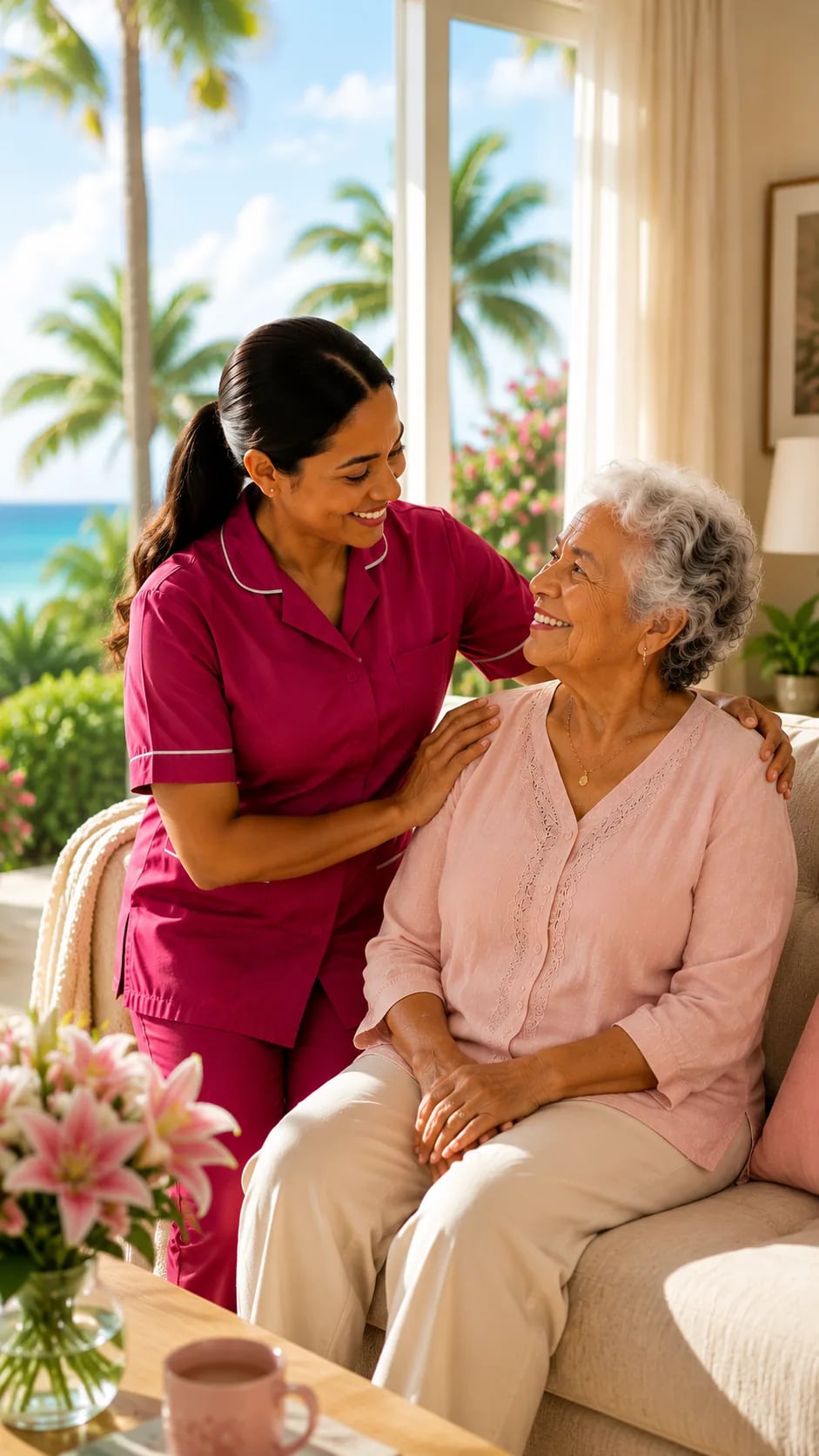 A Clair's Home Care caregiver in a pink uniform smiling with an elderly woman seated on her sofa, with palm trees and the Cayman sea beyond the window